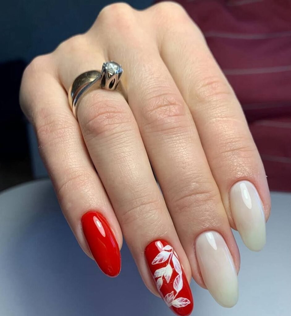 Elegant red and nude nails created at a russian manicure salon in Tampa, Florida