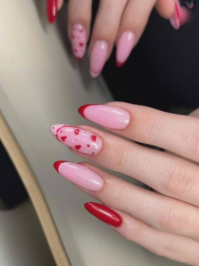 Elegant russian manicure with soft pink and red design on natural nails in Tampa