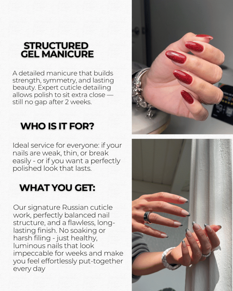 Structured russian manicure with deep red gel finish in Tampa, Florida at Nail Boss Studio