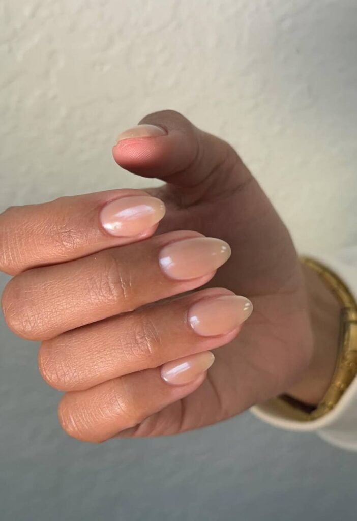 Natural almond nails finished with russian manicures near me in Tampa, Florida