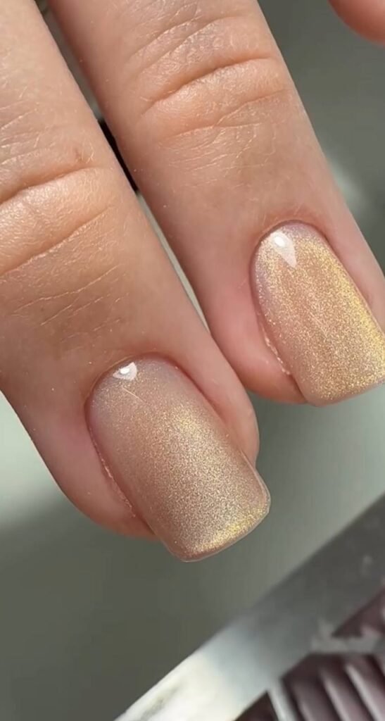Close-up of elegant russian manicures Tampa with soft nude shimmer in natural light