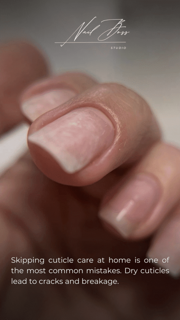 Close-up of natural nails with dry cuticles showing russian nail salon technique in Tampa Florida