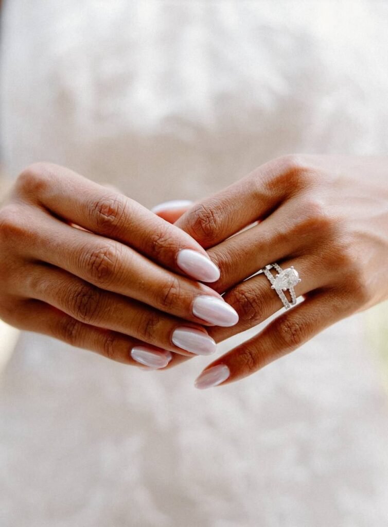 Hands with natural milky manicure created at a russian nail salon in Tampa, Florida