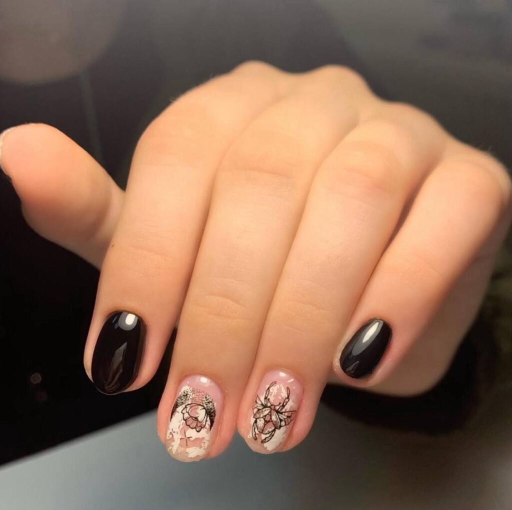 Close-up of elegant russian nails with floral design created in Tampa, Florida at Nail Boss Studio.