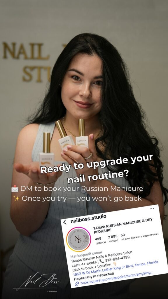 Woman holding nail products after russian nails Tampa service at Nail Boss Studio in Tampa, Florida