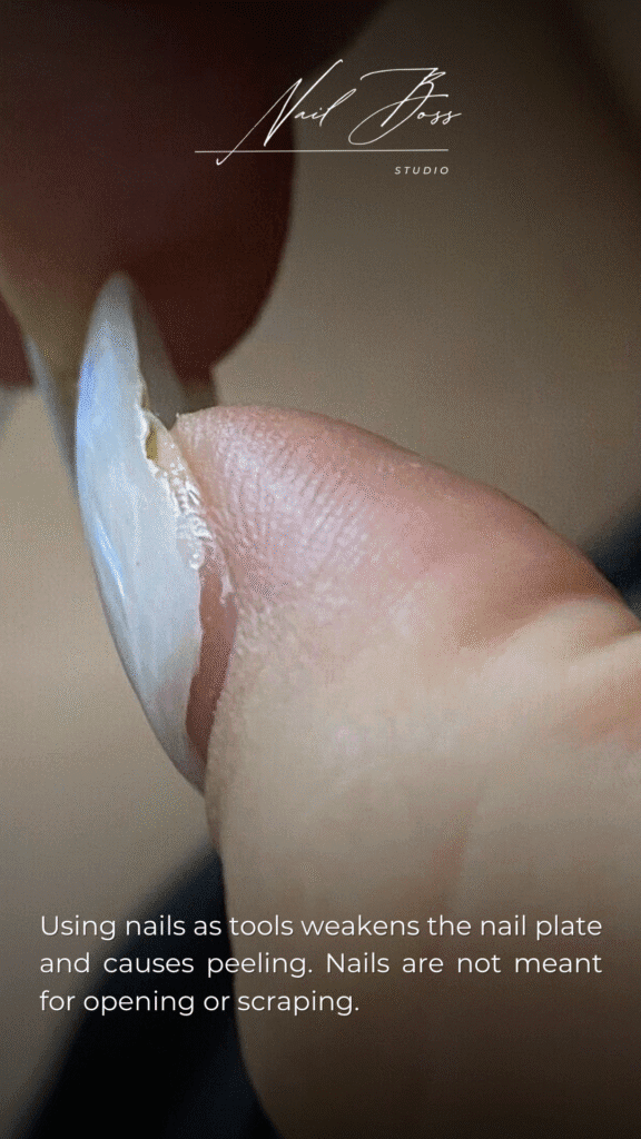 Close-up of peeling nail repaired with tampa russian nails technique at Nail Boss Studio in Tampa, Florida