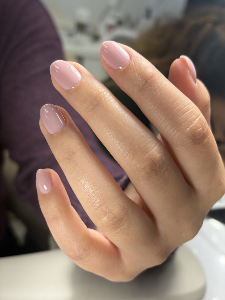 Natural glossy builder gel manicure near me on short nails in Tampa, Florida