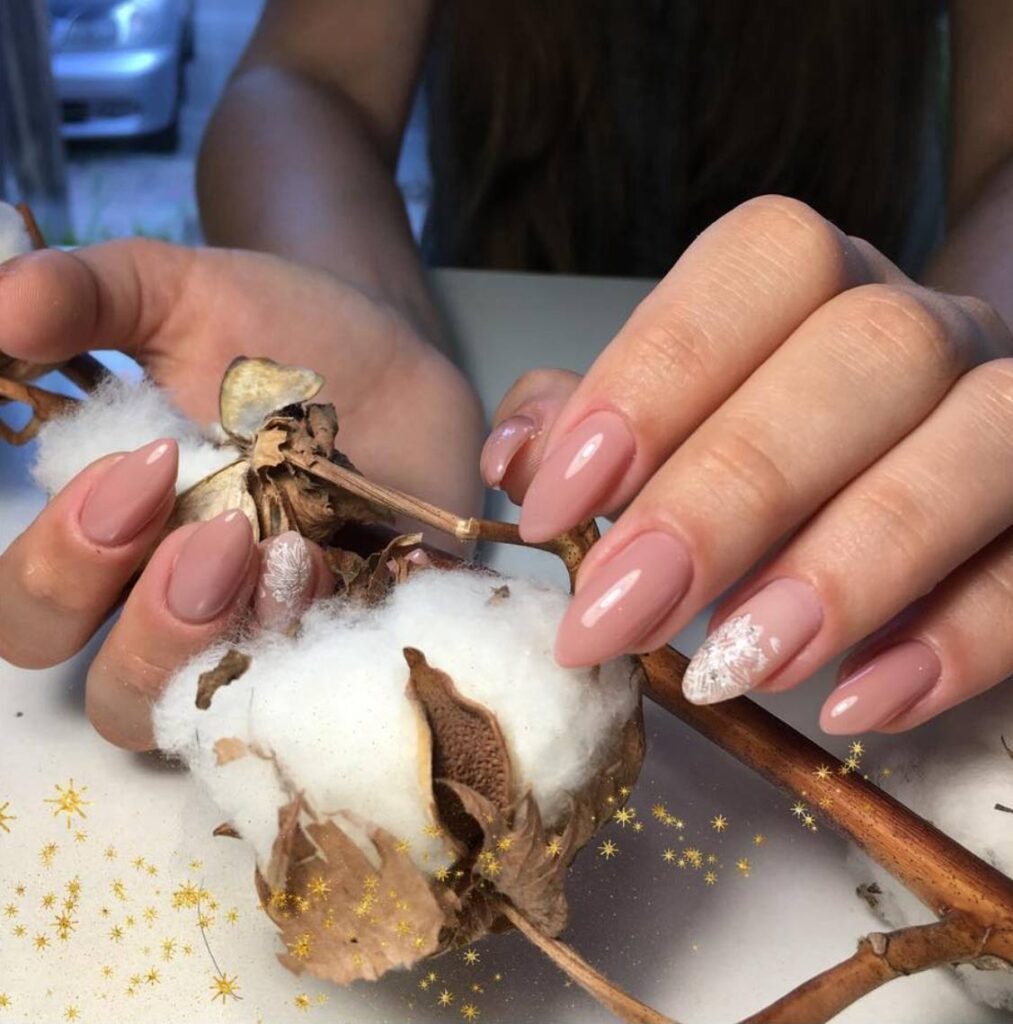 Nude almond nails with glossy finish, european manicure near me in Tampa Florida