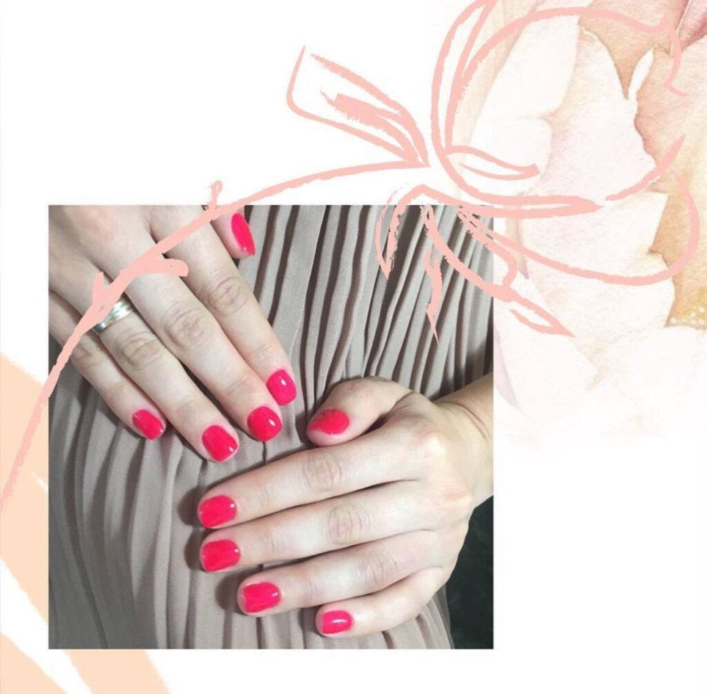 Bright coral hard gel russian manicure on short nails in Tampa, Florida at Nail Boss Studio.