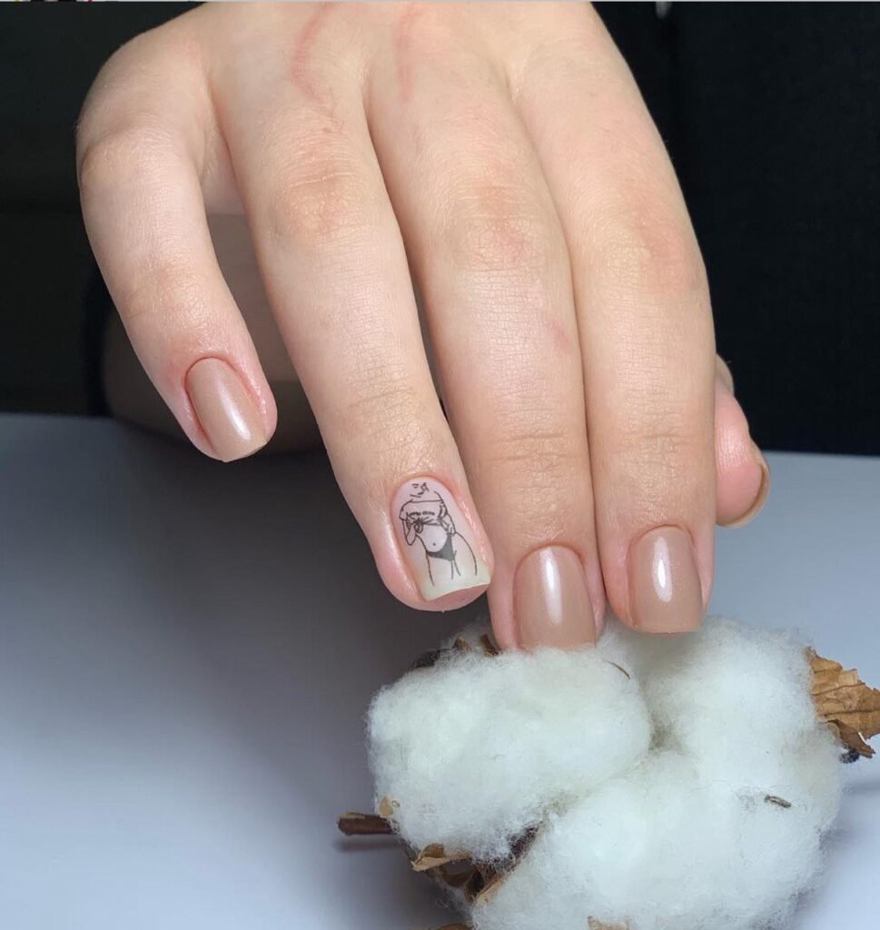 Natural nude russian manicure Tampa with minimal line art accent nail at Nail Boss Studio in Tampa, Florida.