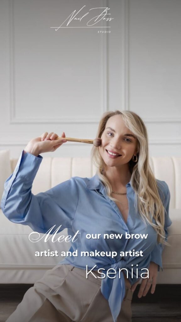Beautiful brow artist Kseniia at Nail Boss Studio Tampa preparing makeup brush during brow tint near me service in Tampa Florida