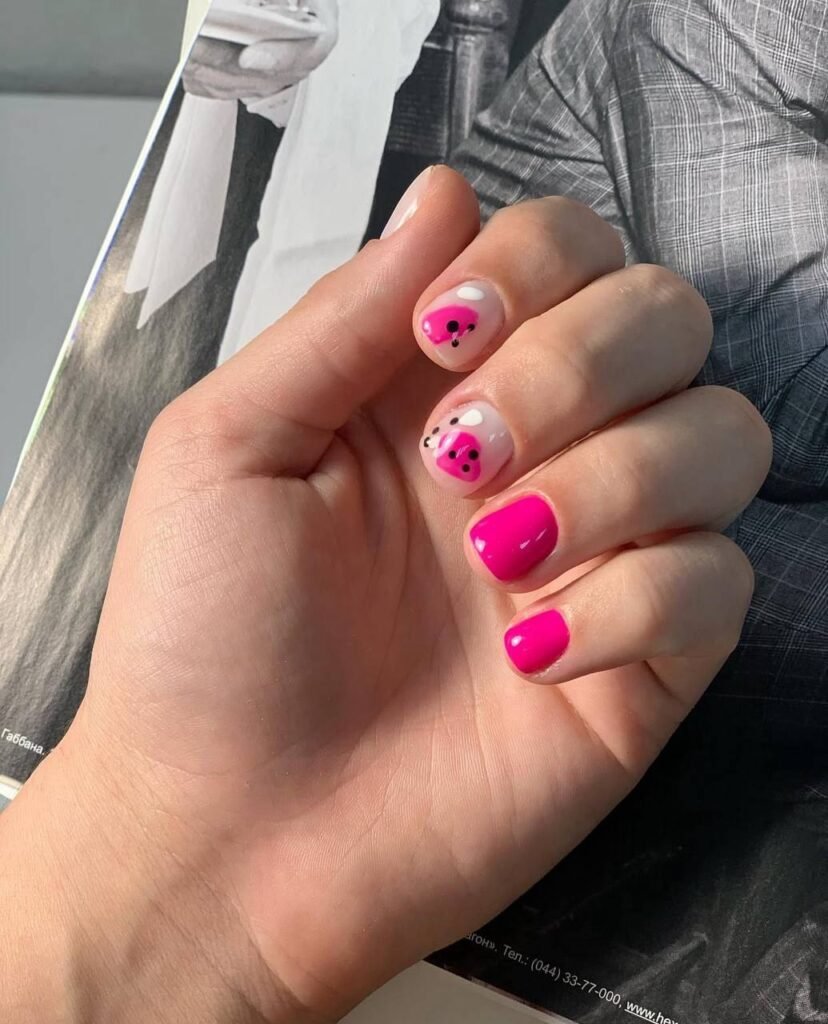 Glossy pink nails with detailed design builder gel manicure near me in Tampa Florida