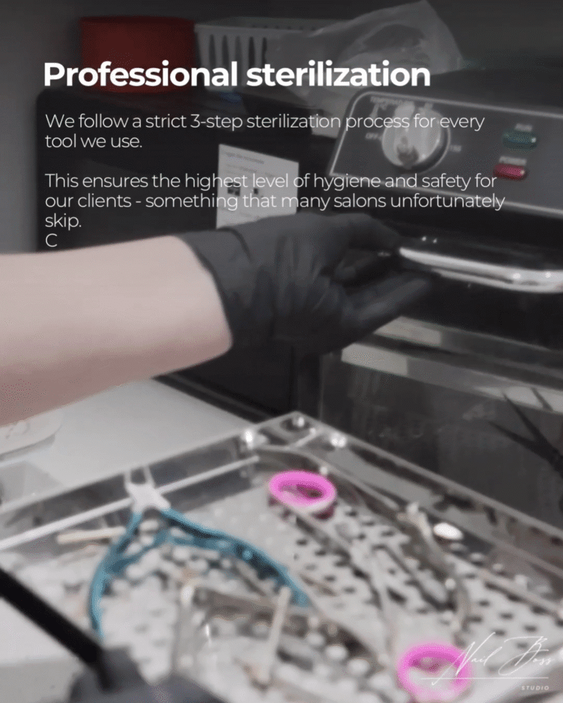 Sterilized manicure tools prepared for builder gel manicure near me in Tampa inside Nail Boss Studio