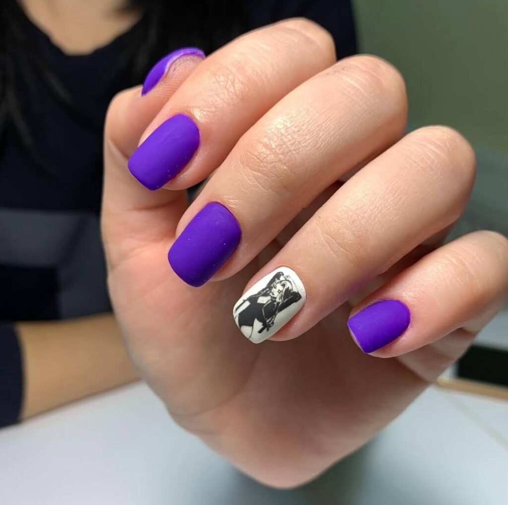 Matte purple dry manicure with minimal nail art design in Tampa Florida