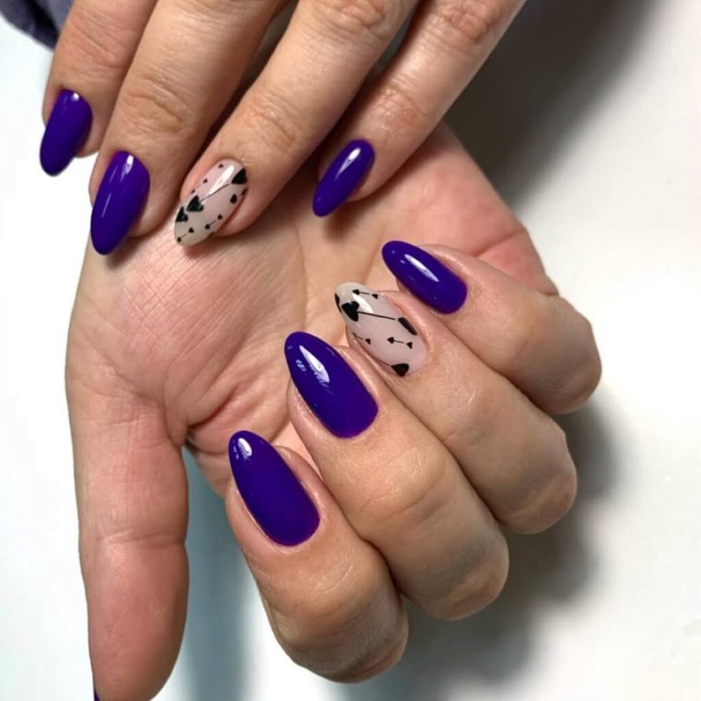 Deep violet nails with abstract design created using european manicure near me technique in Tampa