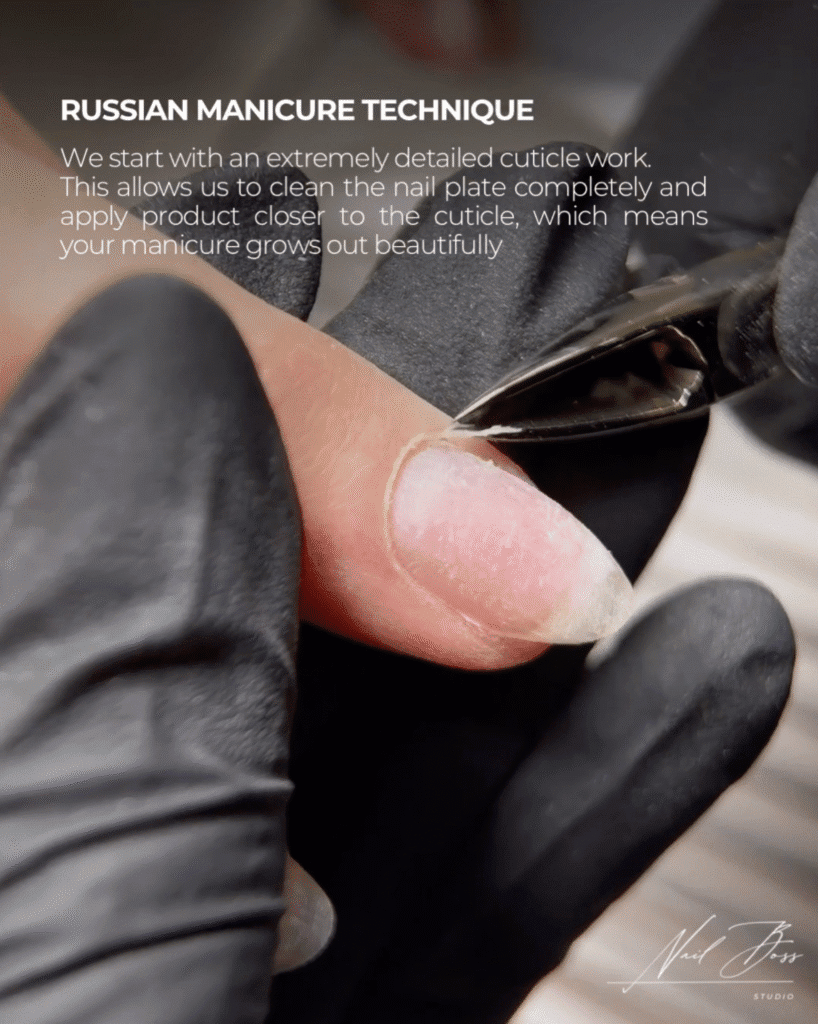 Close-up of european manicure technique with detailed cuticle work in Tampa, Florida