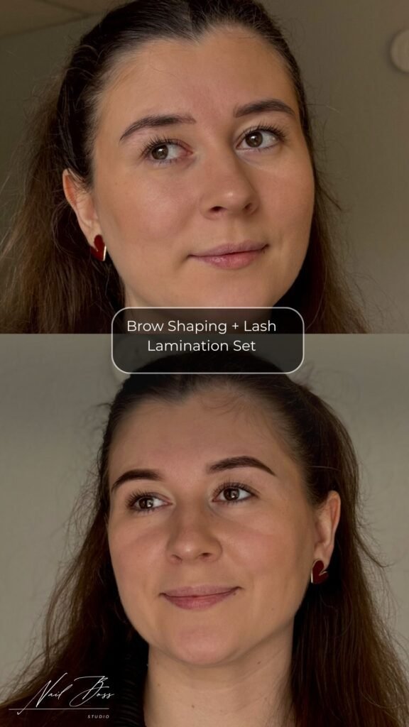 Before and after brow shaping and lash lamination showing eyebrow waxing near me results in Tampa Florida.