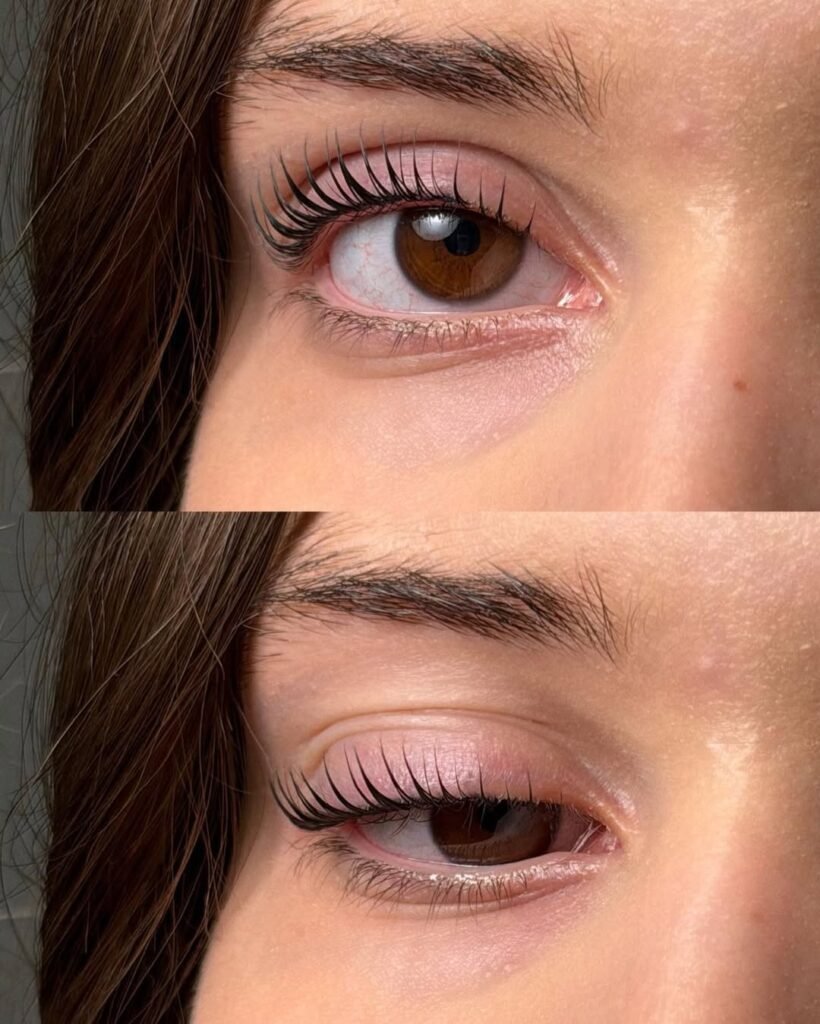 Before and after eyelash lift showing lifted and curled natural lashes