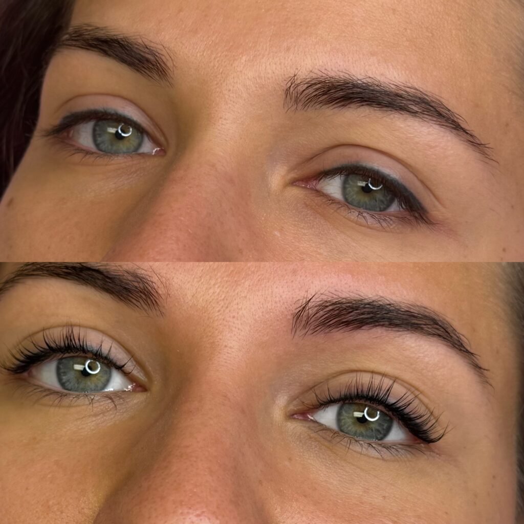 Close-up before and after lash tint showing darker, more defined lashes