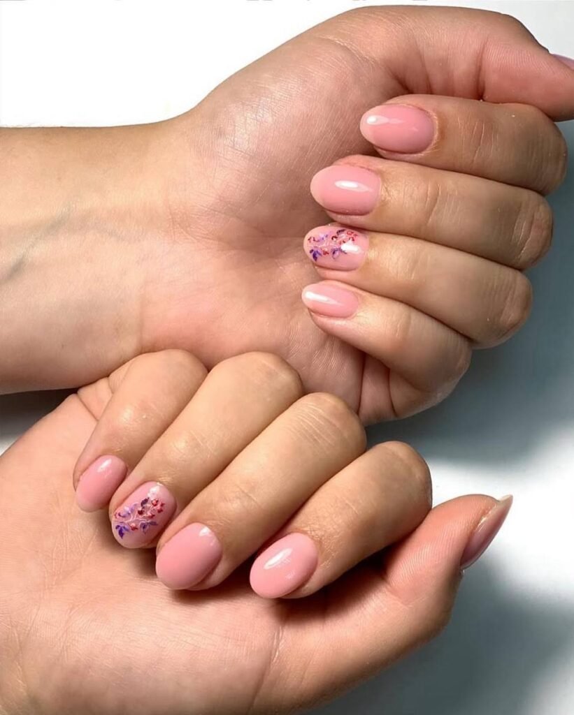 Soft pink nails with floral accent russian Manicure near me in Tampa, Florida