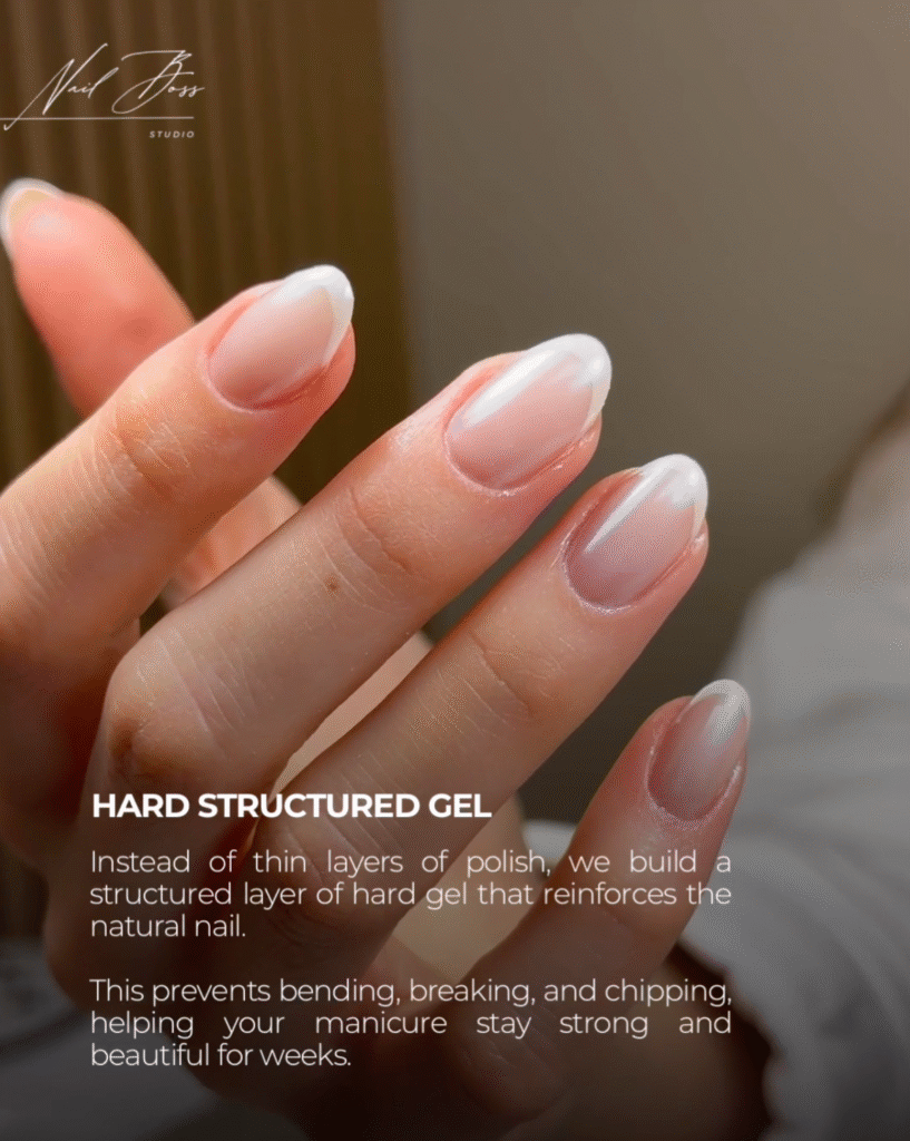Soft natural nails with structured hard gel and russian manicure technique in Tampa, Florida