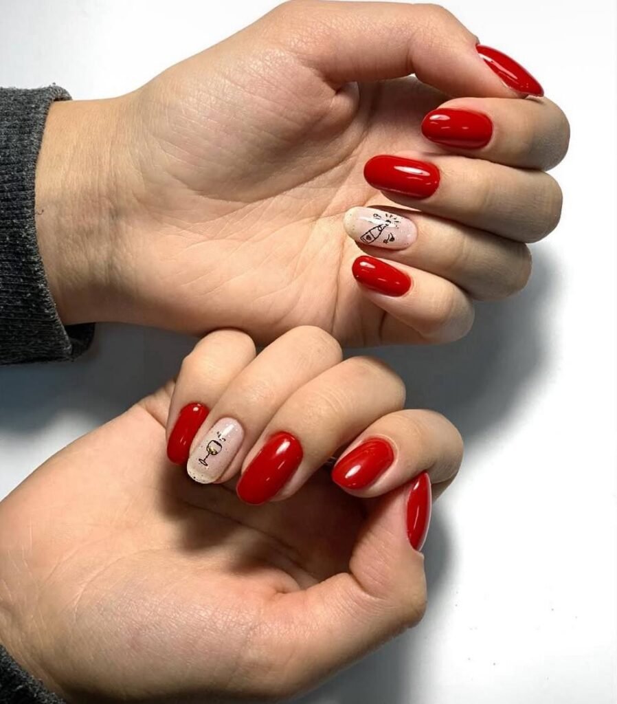 Glossy red russian nails with minimalist accent design in Tampa Florida