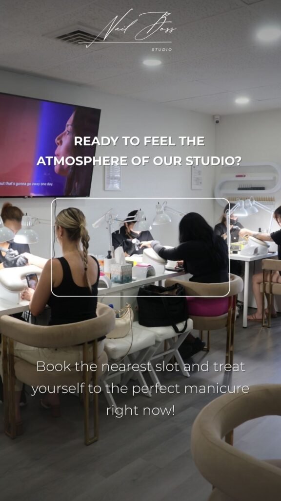 Clients enjoying russian nails manicure services inside Nail Boss Studio Tampa Florida with professional nail artists working carefully.