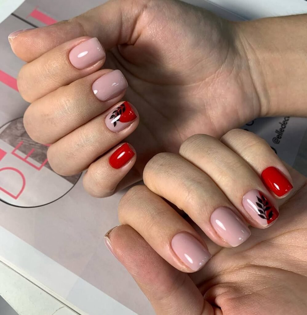 Elegant Tampa Russian Manicure with nude base and red accent nails in Tampa Florida