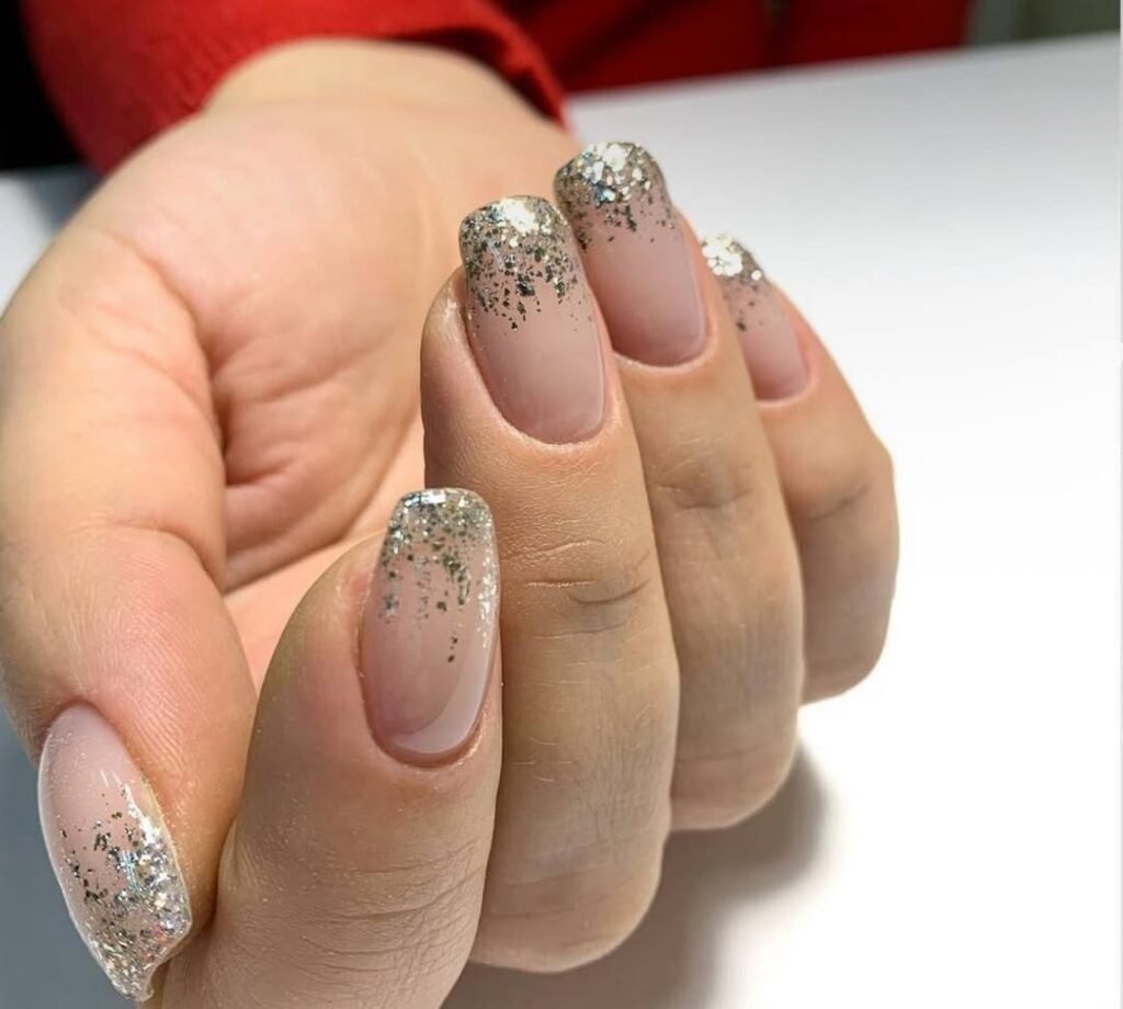 Elegant nude manicure with glitter tips, tampa russian nails style in Tampa Florida