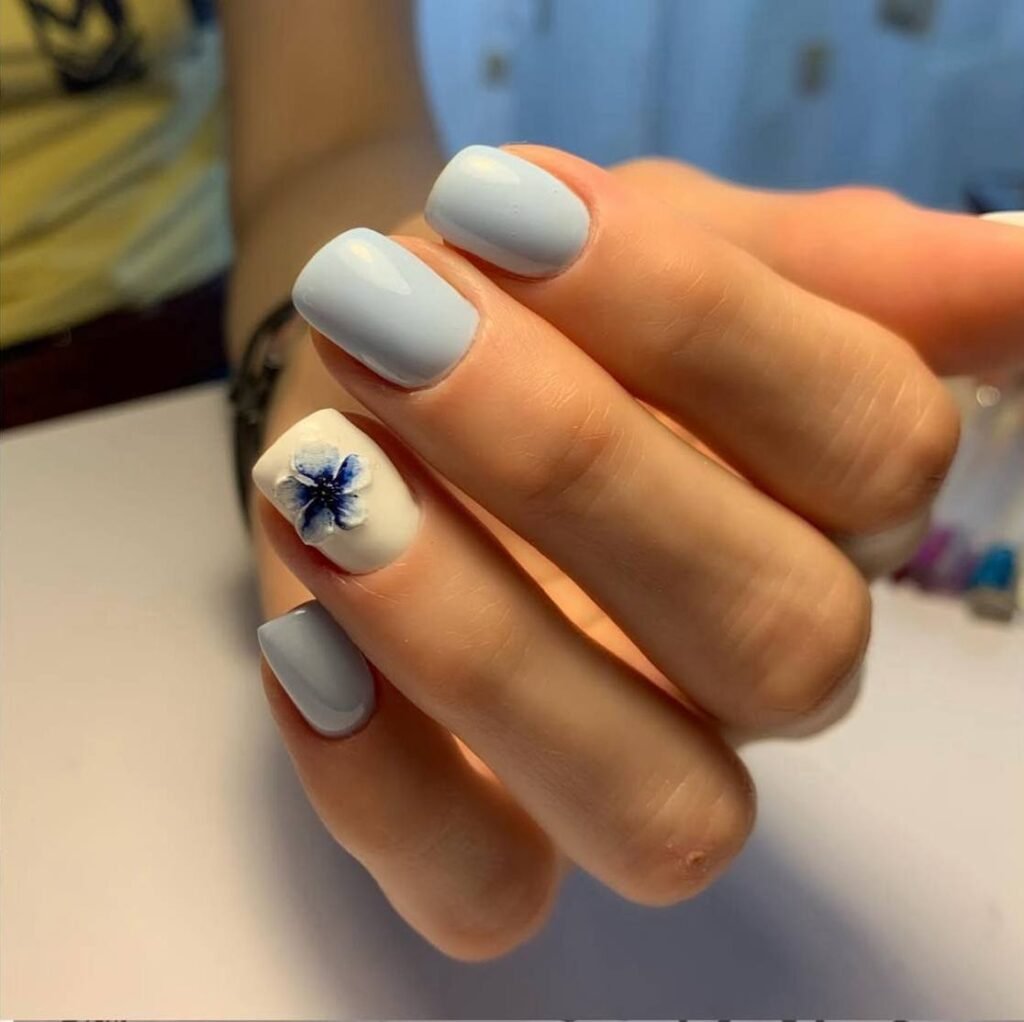 Soft blue and milky floral tampa russian nails manicure in Tampa, Florida at Nail Boss Studio