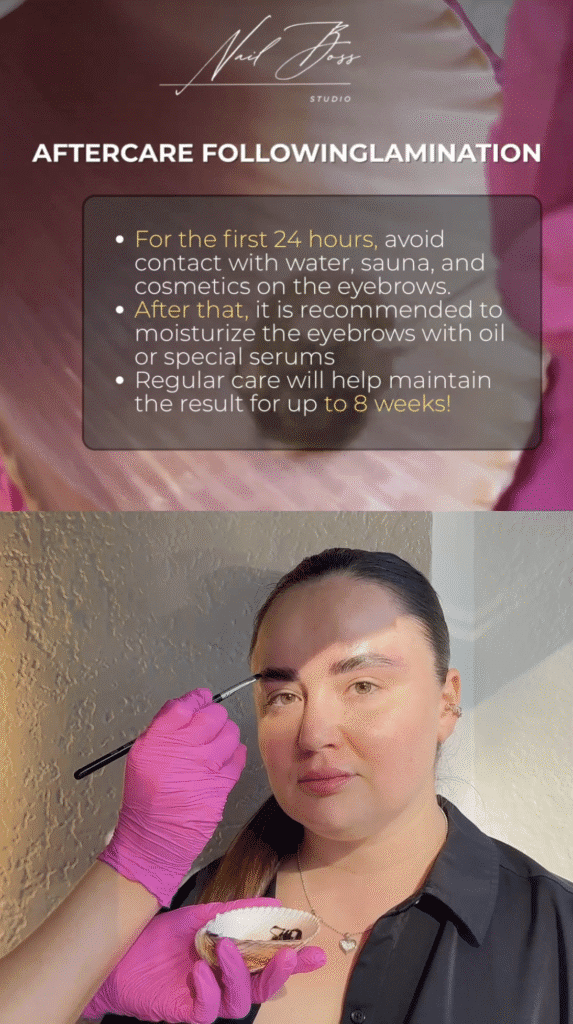 Client receiving a brow lift tampa treatment at Nail Boss Studio in Tampa, Florida with natural lifted brows.