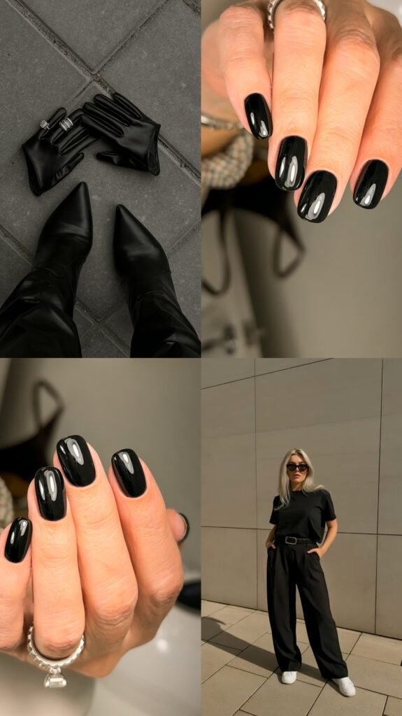 Glossy black nails with builder gel manicure near me style in Tampa, Florida, perfectly shaped and reflective