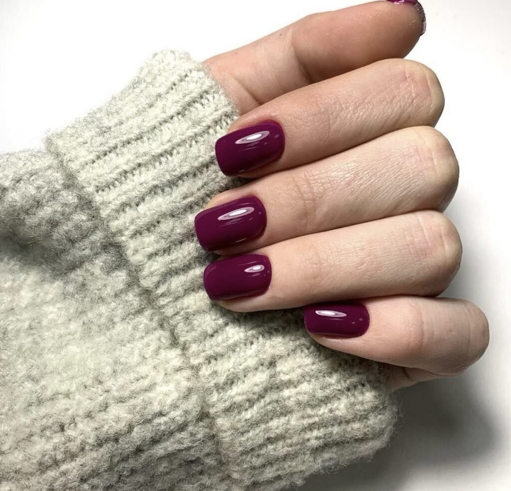 Deep berry glossy nails with builder gel manicure near me style in Tampa Florida