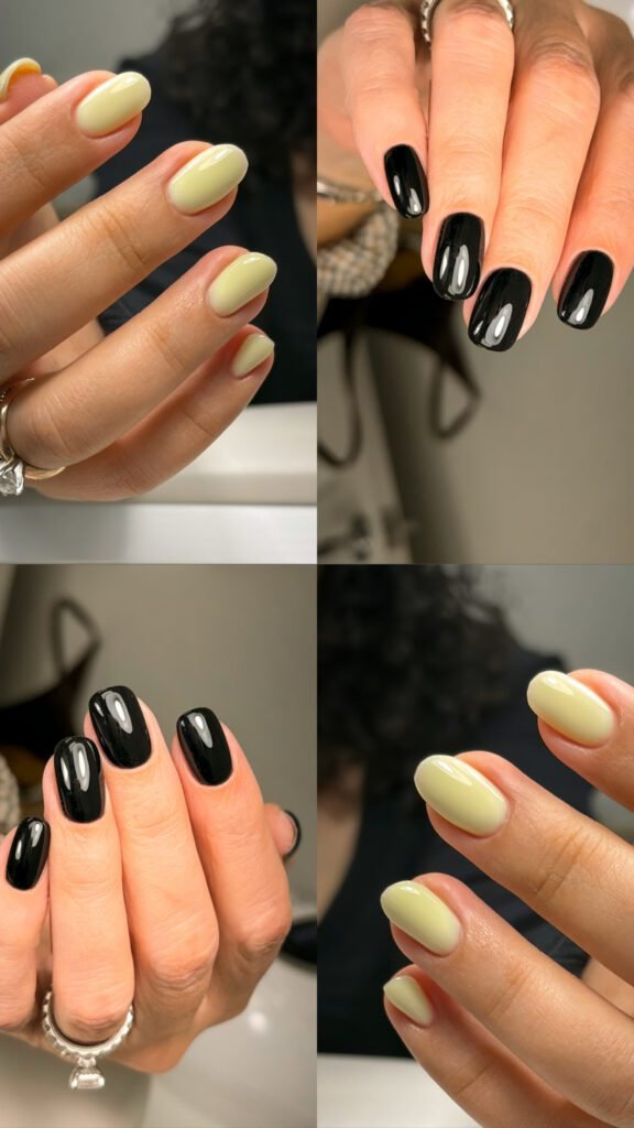 European manicure in Tampa with glossy black and soft nude nails at Nail Boss Studio