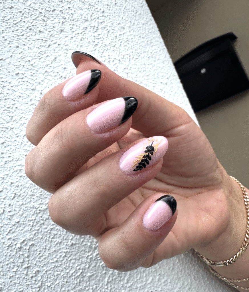 hard gel russian manicure with black French tips on soft pink nails in Tampa Florida