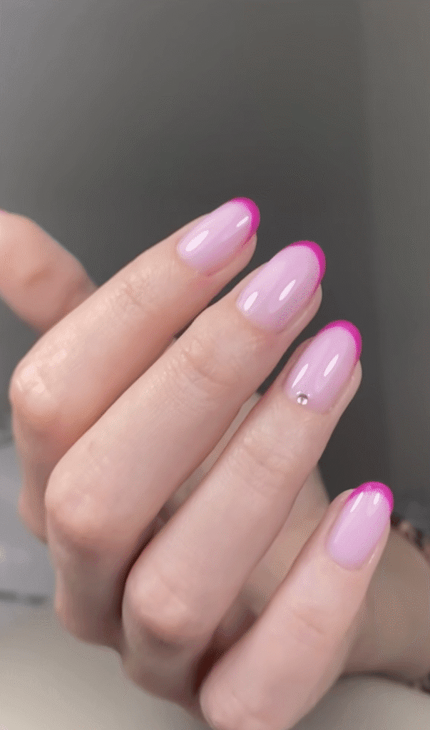 Soft pink hard gel russian manicure with neon tips in Tampa Florida, clean dry manicure finish