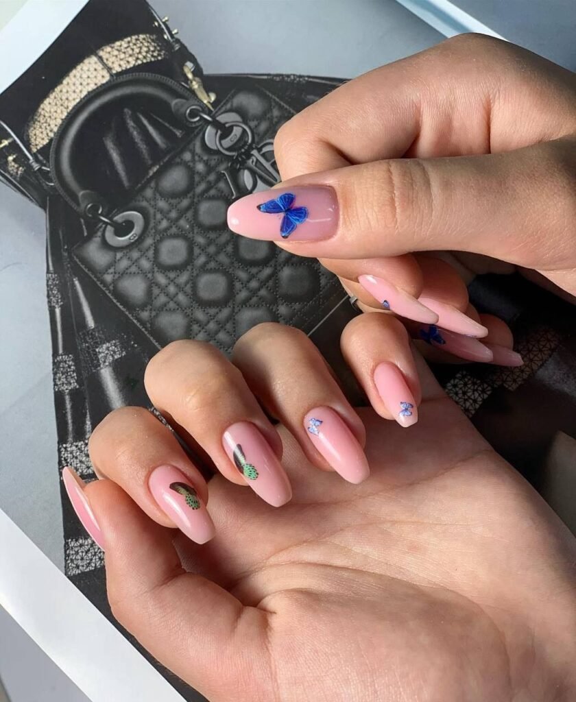 Soft pink nails with butterfly design выполненные в russian manicure in tampa, Tampa Florida