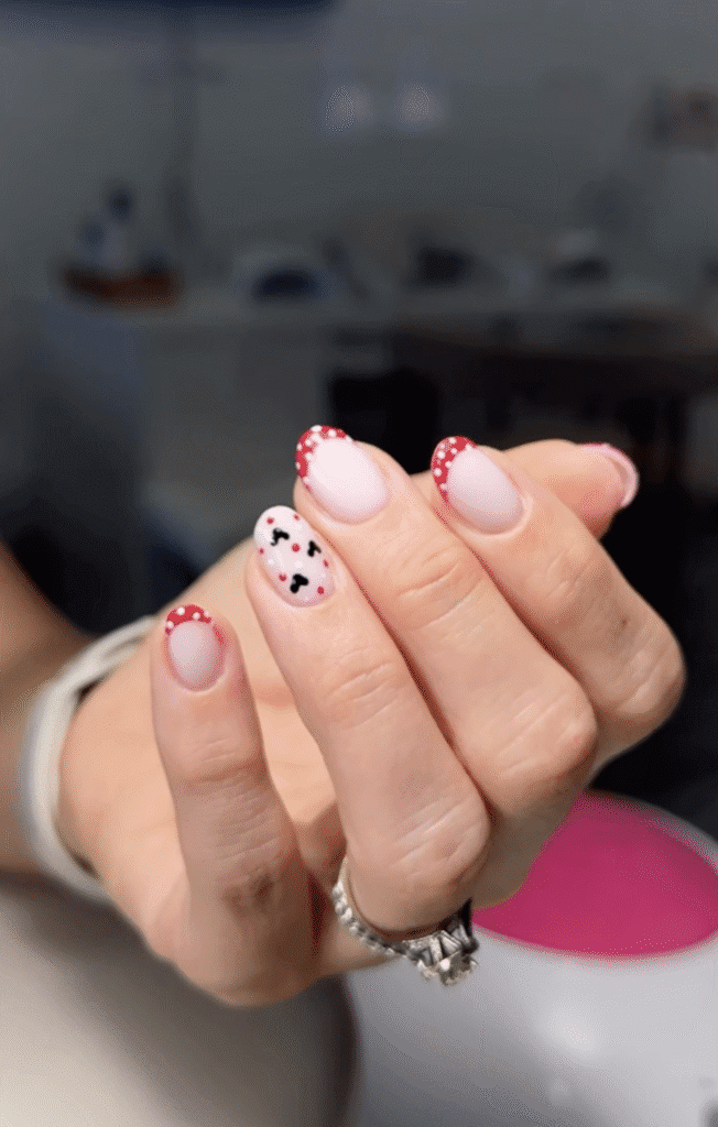 Short nails with red micro French design created with tampa russian manicure technique in Tampa