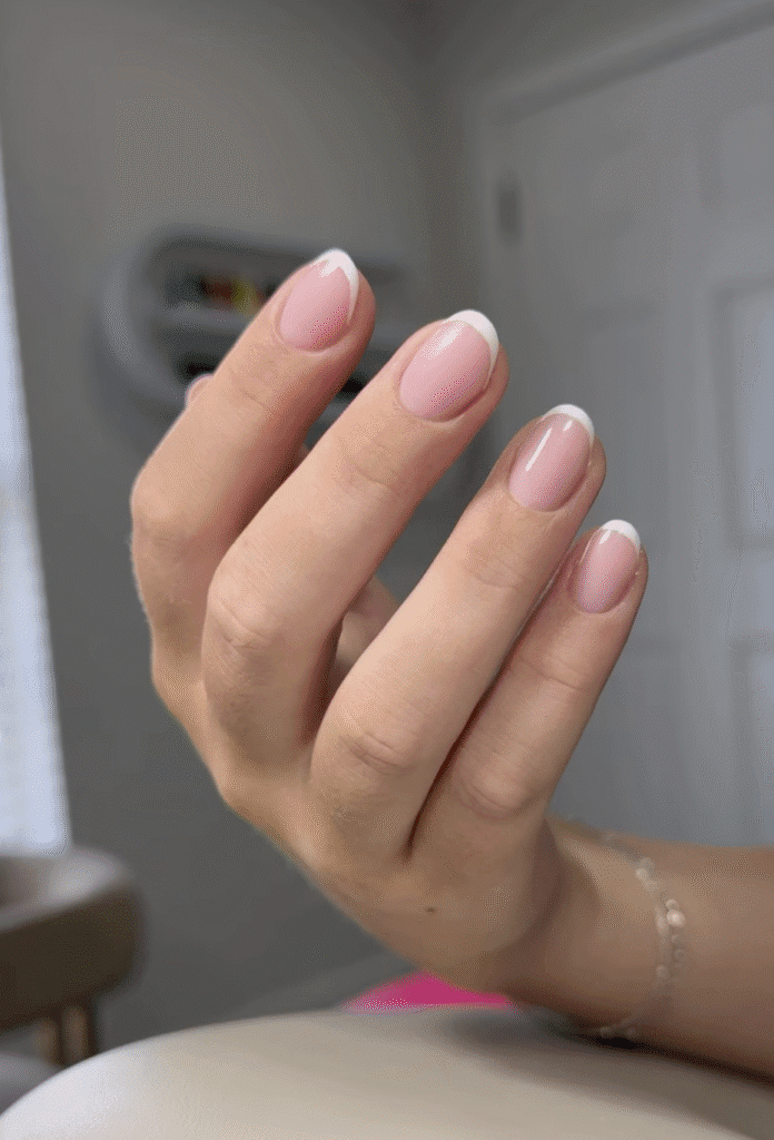 Elegant tampa russian manicure with soft pink base and clean French tips in Tampa Florida