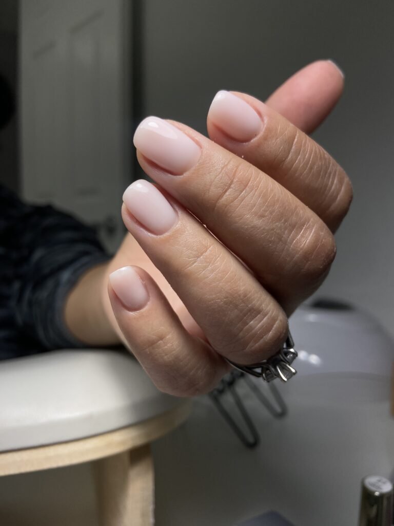 Minimal soft pink russian manicures Tampa at Nail Boss Studio in Tampa, Florida with glossy natural finish.