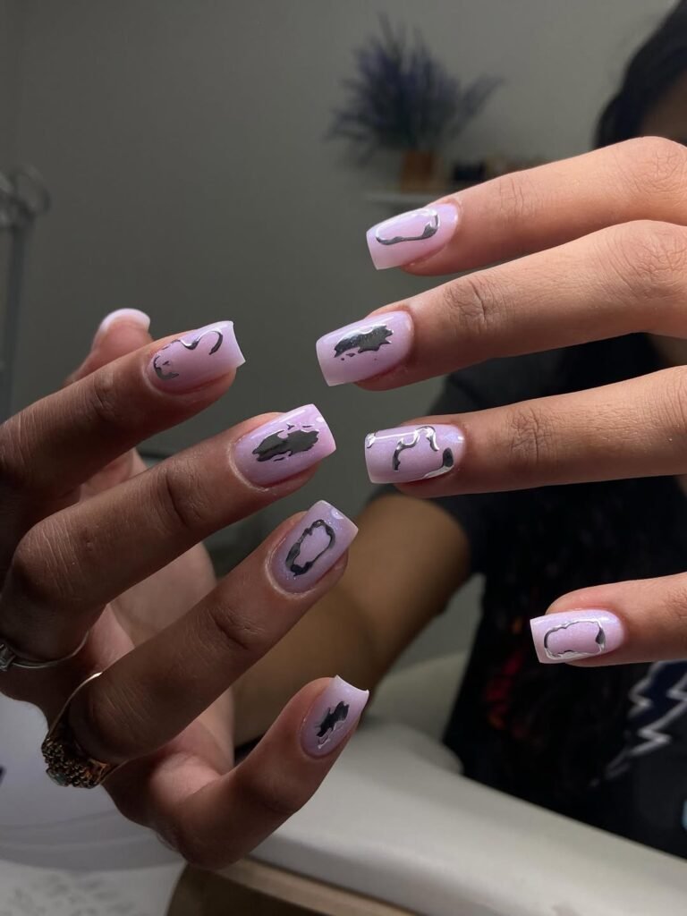 Long-lasting russian manicure Tampa with soft lavender builder gel nails and modern chrome accents at Nail Boss Studio Tampa.