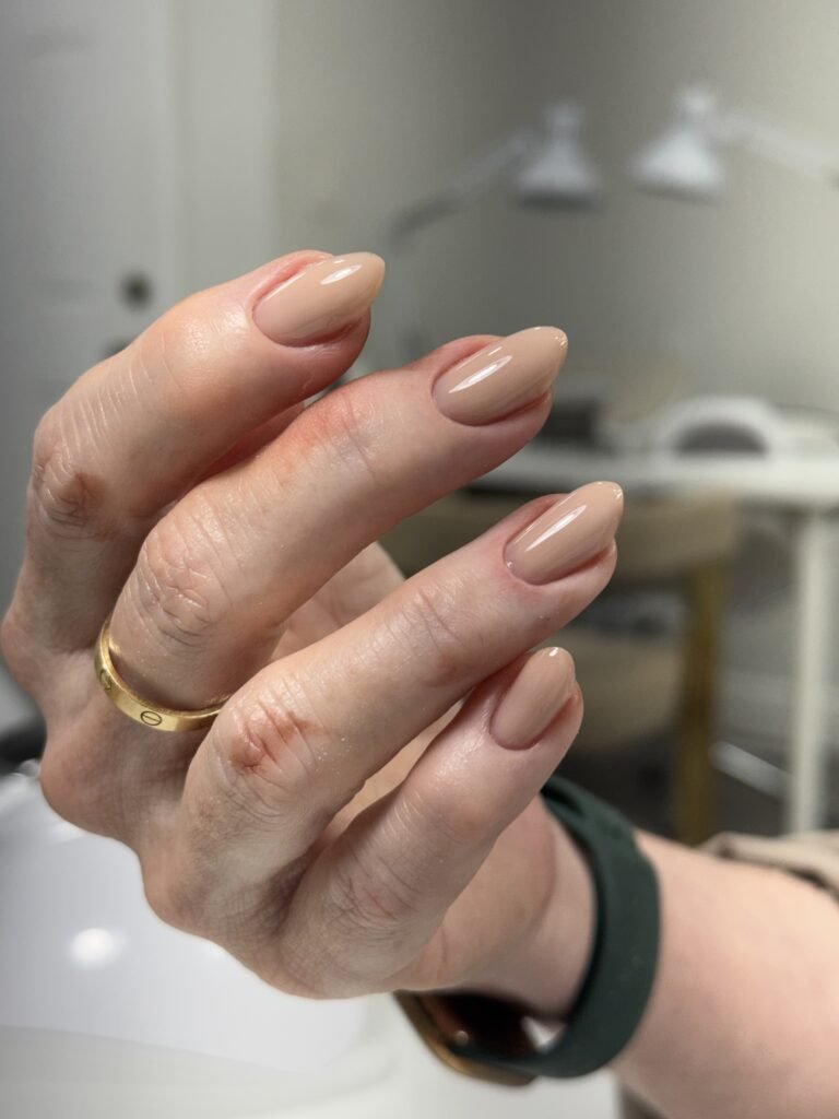 Close-up of taupe russian manicure salon finished at Nail Boss Studio Tampa