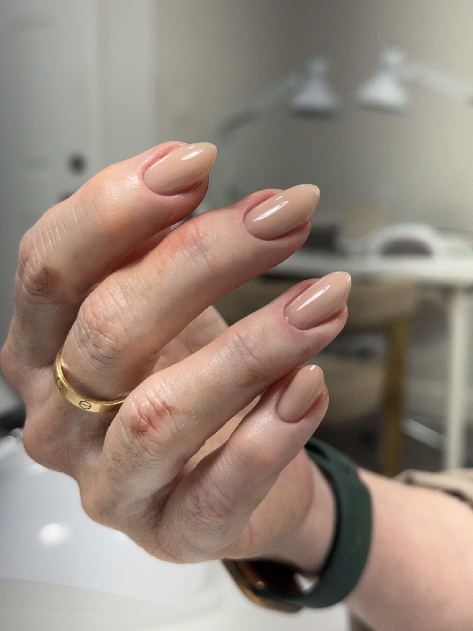 Close-up of taupe russian manicure salon finished at Nail Boss Studio Tampa