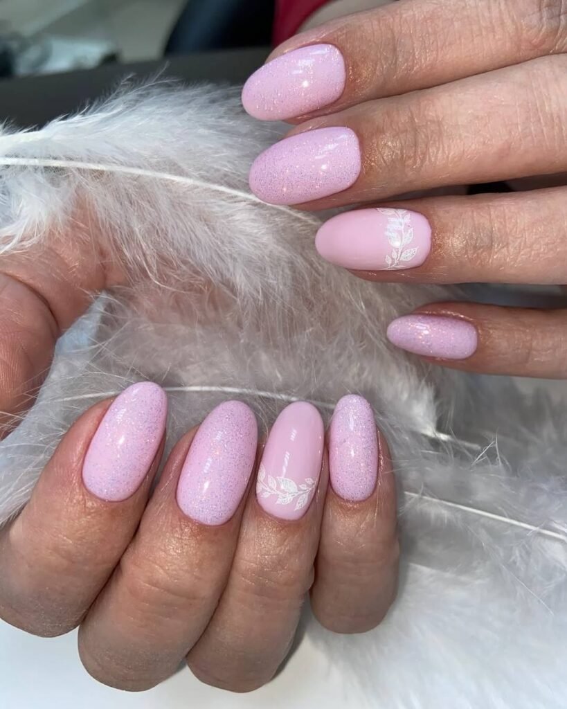 Soft blush pink russian manicure Tampa with delicate floral nail art at Nail Boss Studio in Tampa, Florida.