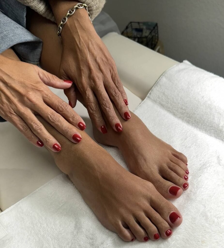 Close-up of taupe dry pedicure tampa finished at Nail Boss Studio Tampa