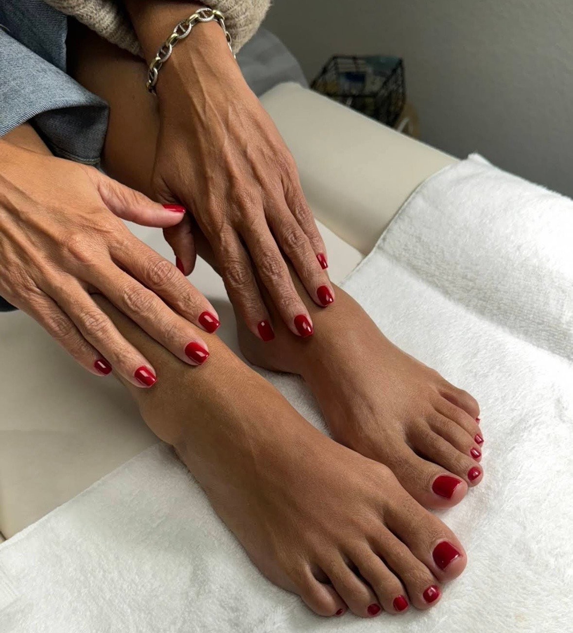 Close-up of taupe dry pedicure tampa finished at Nail Boss Studio Tampa